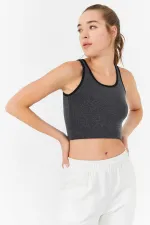 Tommylife Toptan Antrasit Melanj Basic Sıfır Kol Dar Kalıp U Yaka Kadın Crop Top Atlet - 97162