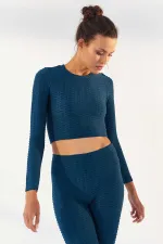 Tommylife Toptan Zümrüt Kendinden Desenli O Yaka Uzun Kol Kadın Crop Top T-Shirt - 97153