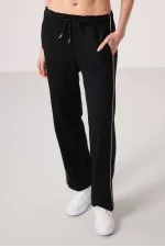 Tommylife Toptan Yumuşak Dokulu Yan Panel Detaylı Geniş Paça Kadın Palazzo Pantolon - 94669 Siyah