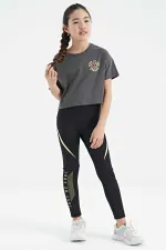 Tommylife Toptan Koyu Gri Ön Arka Baskılı O Yaka Düşük Omuz Oversize Kısa Kollu Kız Çocuk T-Shirt - 75126