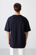 Tommylife Wholesale Crew Neck Oversize Printed Men's T-Shirt 88326 Navy Blue