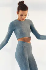 Tommylife Wholesale Mint Green Self-Patterned Crew Neck Long Sleeve Women's Crop Top T-Shirt - 97153