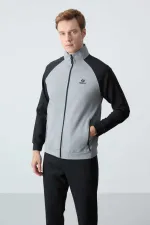 Tommylife Toptan Rahat Kalıp Dik Yaka Klasik Paça Erkek Eşofman Takımı 85113 Gri Melanj - Siyah