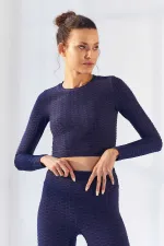 Tommylife Wholesale Indigo Self-Patterned Crew Neck Long Sleeve Women's Crop Top T-Shirt - 97153