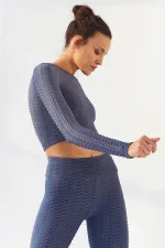 Tommylife Toptan Petrol Kendinden Desenli O Yaka Uzun Kol Kadın Crop Top T-Shirt - 97153