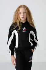 Tommylife Toptan 7-15 Yaş Kapüşonlu Oversize Kız Çocuk Eşofman Takımı 75166 Siyah