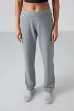 Tommylife Wholesale Grey Melange Women's Sweatpants with Stone Details, Pockets, Comfortable Fit, Classic Leg - 94007