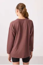 Tommylife Wholesale Soft Texture O Neck Comfortable Form Women's Tunic Sweatshirt - 97305 Brown