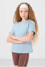 Tommylife Toptan Pamuklu O Yaka Oversize Fit Basic Kız Çocuk T Shirt 75182 Açık Mavi