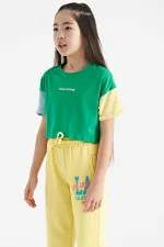 T-shirt Tommylife Wholesale vert imprimé à col rond et épaules tombantes, coupe oversize, pour filles - 75130