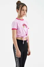 Tommylife Toptan Pembe Baskı Detaylı O Yaka Çok Renkli Bağlama Detaylı Kız Çocuk T-Shirt - 75113