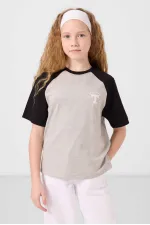 Tommylife Toptan O Yaka  Pamuklu Baskılı Oversize Fit Kız Çocuk T Shirt 75179 Gri Melanj