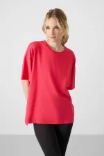 Tommylife Toptan O Yaka Oversize Basic Kadın T-Shirt 97285 Şeker Pembe