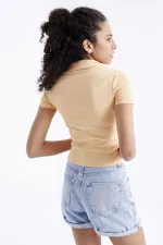 Tommylife Wholesale Orange Polo Collar Basic Short Sleeve Women's Crop Top T-Shirt - 97208