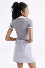 Tommylife Toptan Gri Basic Kol Detaylı O Yaka Kadın Crop Top T-Shirt - 97200