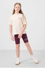 Tommylife Toptan Pamuklu O Yaka Standart Fit Baskılı Kız Çocuk Tayt Takım 75190 Ekru Bordo