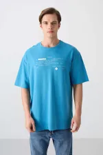 Tommylife Wholesale Crew Neck Oversize Printed Men's T-Shirt 88326 Petrol Blue
