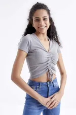 Tommylife Wholesale Grey Gathered Detail V-Neck Women's Crop Top T-Shirt - 97205