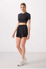 Tommylife Toptan Polyester Gizli Cep Fermuarlı Rahat Form Kadın Şort - 91014 Siyah