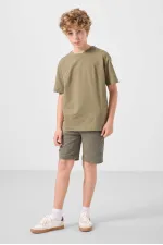 Tommylife Toptan Pamuklu Oversize Fit Dokuma Hafif Esnek Chino Erkek Çocuk Şort Takım 11277 Koyu Bej-Camel