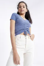 Tommylife Toptan Petrol Büzgü Detaylı V Yaka Kadın Crop Top T-Shirt - 97205
