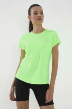 T-shirt Tommylife Wholesale vert fluo basique à manches courtes et col rond pour femme - 97144