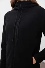 Tommylife Toptan Kapüşonlu Standart Kalıp Fermuarlı Kadın Polar Sweatshirt 97287 Siyah