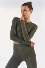 Tommylife Wholesale Light Green Self-Patterned Crew Neck Long Sleeve Women's Crop Top T-Shirt - 97153