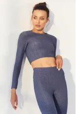 Tommylife Toptan Petrol Kendinden Desenli O Yaka Uzun Kol Kadın Crop Top T-Shirt - 97153