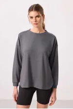 Tommylife Wholesale Soft Texture O Neck Comfortable Form Women's Tunic Sweatshirt - 97305 Dark Gray
