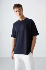 Tommylife Toptan O Yaka Oversize Baskılı Erkek T-Shirt 88324 Lacivert