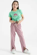 Tommylife Toptan Su Yeşili Baskı Detaylı O Yaka Çok Renkli Bağlama Detaylı Kız Çocuk T-Shirt - 75113