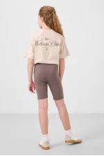 Tommylife Toptan Pamuklu O Yaka Standart Fit Baskılı Kız Çocuk Tayt Takım 75190 Bej Kahverengi