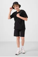 Ensemble short chino garçon Tommylife Wholesale en coton léger et extensible, coupe oversize, noir, réf. 11277