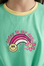 Tommylife Toptan Su Yeşili Baskı Detaylı O Yaka Çok Renkli Bağlama Detaylı Kız Çocuk T-Shirt - 75113