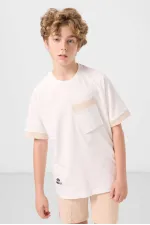 Tommylife Toptan Pamuklu Yumuşak Dokulu Oversize Cep Detaylı Erkek Çocuk T-Shirt 11295 Ekru
