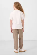 Tommylife Wholesale Crew Neck Printed Elasticated Hem Standard Fit Girls' Tracksuit Set 75186 Ecru Dark Beige