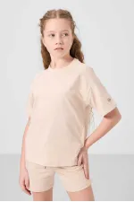 Tommylife Toptan Pamuklu Yumuşak Dokulu Standart Fit Basic Kız Çocuk Şort Takım 75184 Bej