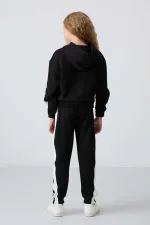 Tommylife Toptan 7-15 Yaş Kapüşonlu Oversize Kız Çocuk Eşofman Takımı 75166 Siyah