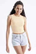 Tommylife Wholesale Orange Basic Sleeveless O-Neck Women's Crop Top Tank Top - 97204