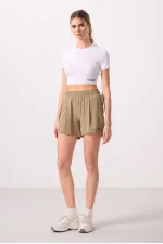 Tommylife Toptan Polyester Gizli Cep Fermuarlı Rahat Form Kadın Şort - 91014 Bej
