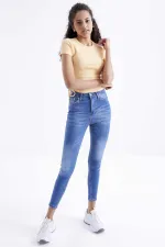 Tommylife Wholesale Orange Basic Side Gathered O-Neck Women's Crop Top T-Shirt - 97203