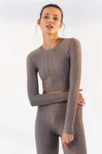 Tommylife Toptan Gri Kendinden Desenli O Yaka Uzun Kol Kadın Crop Top T-Shirt - 97153