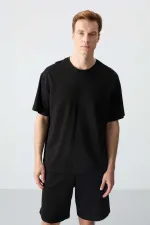 Tommylife Toptan O Yaka Oversize Basic Erkek Şort Takım 85257 Siyah