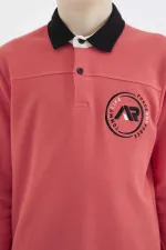 Tommylife Toptan Garson Boy Polo Yaka Standart Kalıp Basic Erkek Çocuk Sweatshirt 11172 Coral