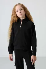 Tommylife Toptan 7-15 Yaş Dik Yaka Standart Kalıp Kız Çocuk Eşofman Takımı 75159 Siyah