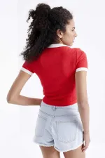 Tommylife Toptan Nar Çiçeği Basic Kol Detaylı O Yaka Kadın Crop Top T-Shirt - 97200