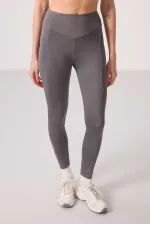Tommylife Toptan Polyester Standart Fit Esnek Performans Kadın Tayt - 94666 Koyu Gri