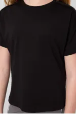 Tommylife Toptan Pamuklu O Yaka Oversize Fit Basic Kız Çocuk T Shirt 75182 Siyah