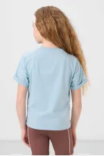 Tommylife Toptan Pamuklu O Yaka Oversize Fit Basic Kız Çocuk T Shirt 75182 Açık Mavi